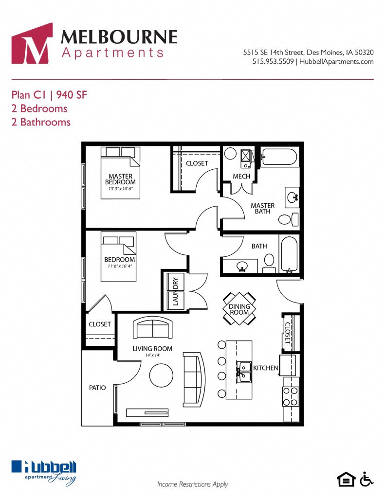 Floor plan for 2 beds, 2 baths, 950 sqft